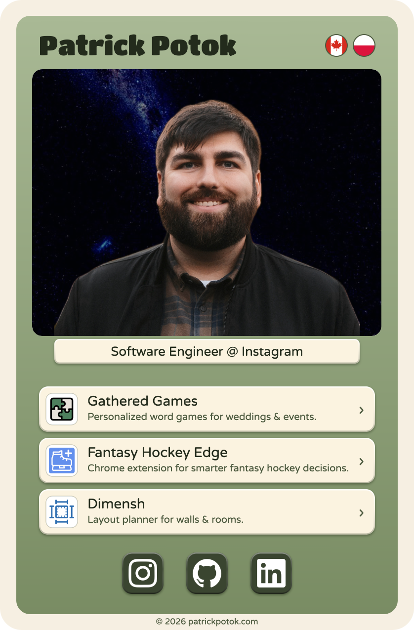 Patrick Potok — Software Engineer @ Instagram, trading card